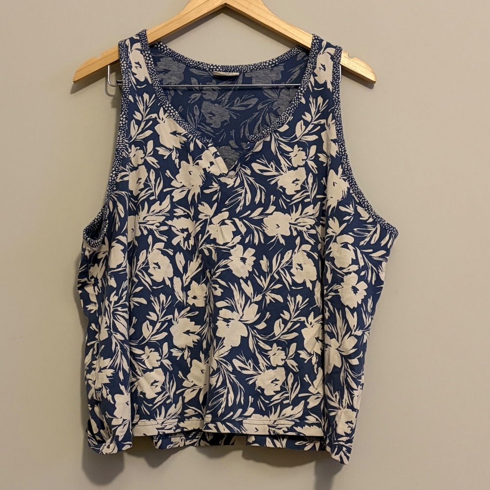 Pact Womens XXL Navy Blue Floral Organic Cotton V-Neck Tank Top Contrast Trim